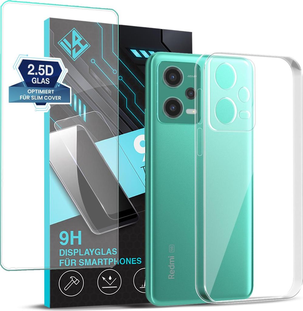 Handyhülle für Xiaomi Redmi Note 12 5G mit 9H Displayglas Displayschutz Hülle Transparent Flexibel Elastisch Case Cover Backcover Schutzhülle