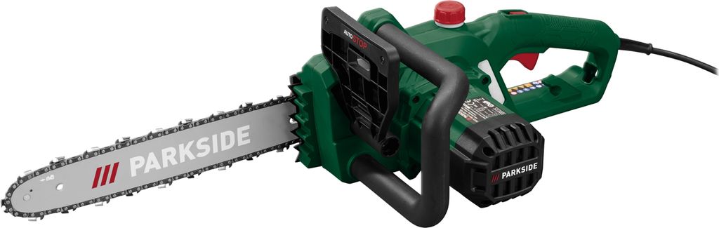 A green and black electric chainsaw is shown against a white background.