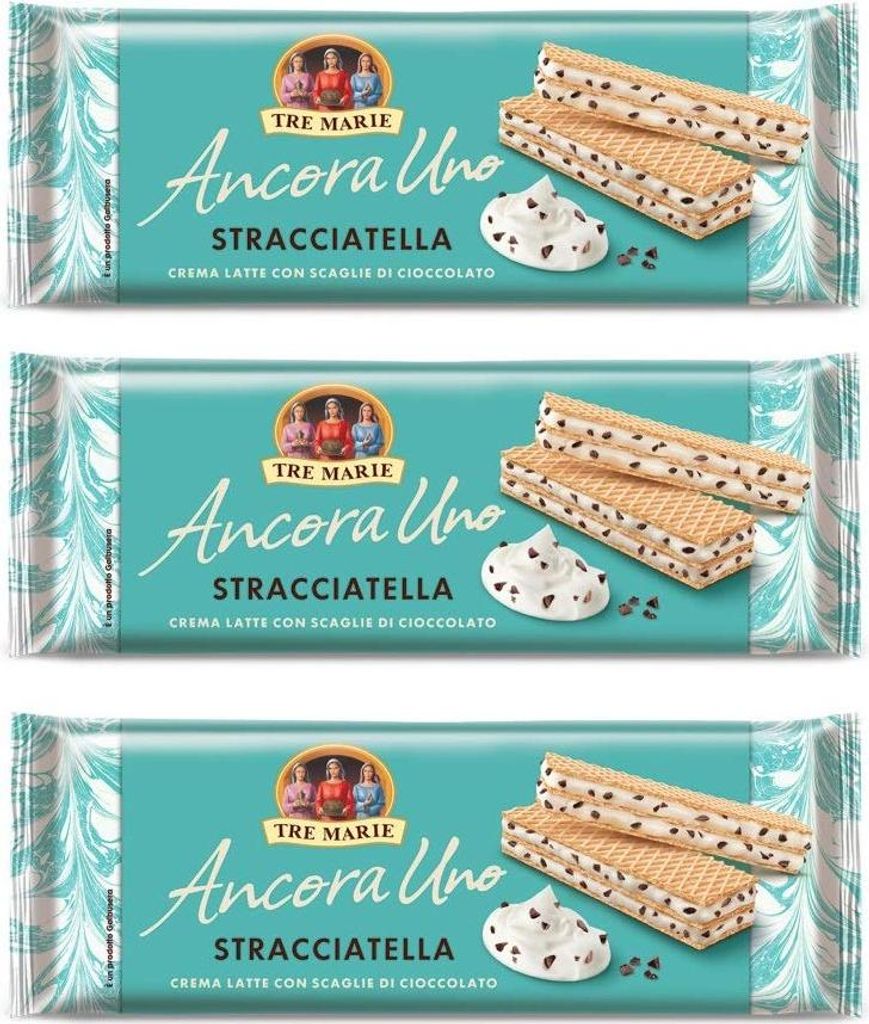 3x Tre Marie Ancora Uno Wafer Stracciatella Waffeln gefüllt mit Milchschokolade Creme und Schokoladenstücke 140g