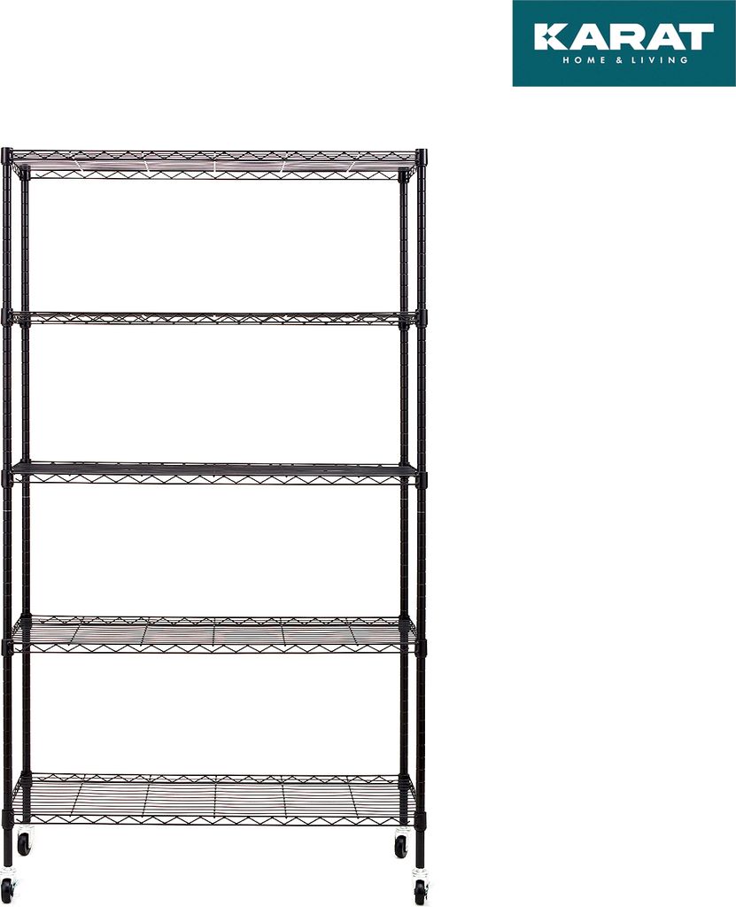 A black wire shelving unit with five shelves and wheels, presented on a white background.