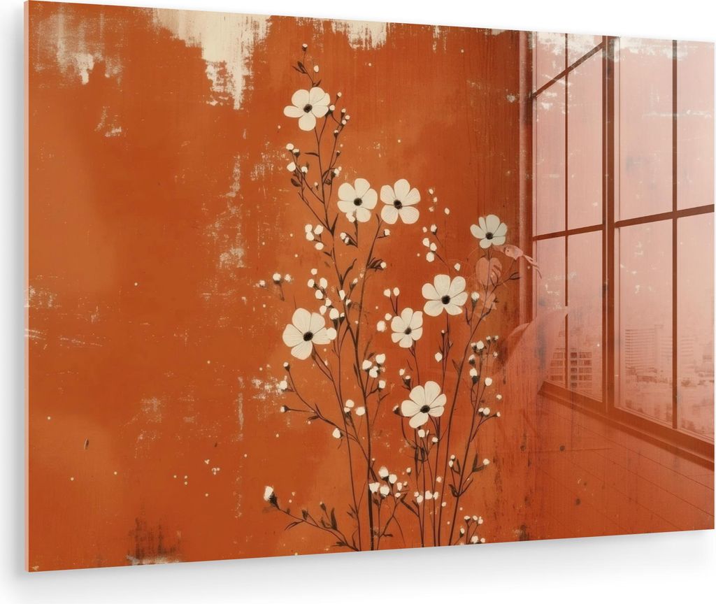 MuchoWow Glasbilder - Bilder auf Wandbild - Foto auf Glas Blumen - Weiß - Dezent - Rostfarbe 30x20 cm Wanddekoration aus Glas - Acrylglasbild - Ac...