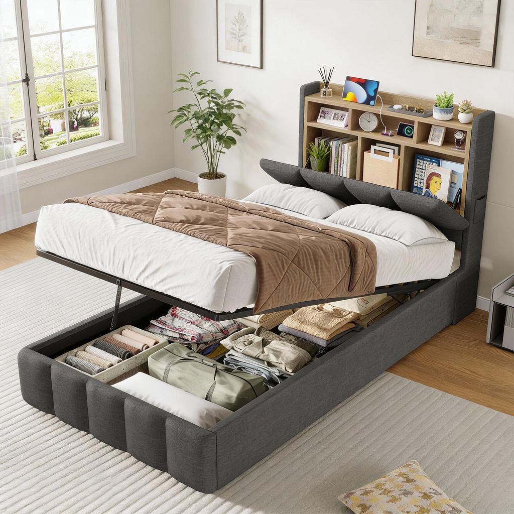 KIMENICH Polsterbett mit LED Beleuchtung, Bett mit Ladefunktion und Hydraulischem Stauraum, 90 x 200 cm, Grau