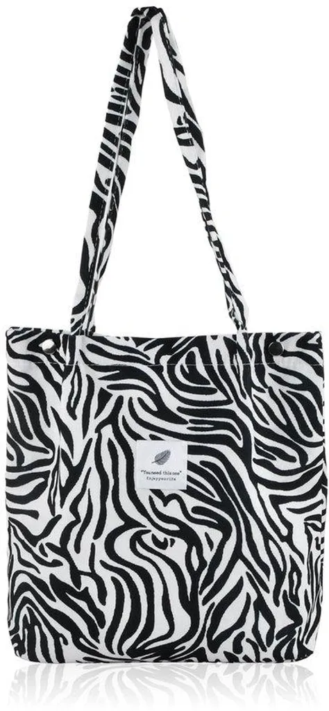 Grand sac à provisions en velours côtelé motif zèbre pour femme tendance