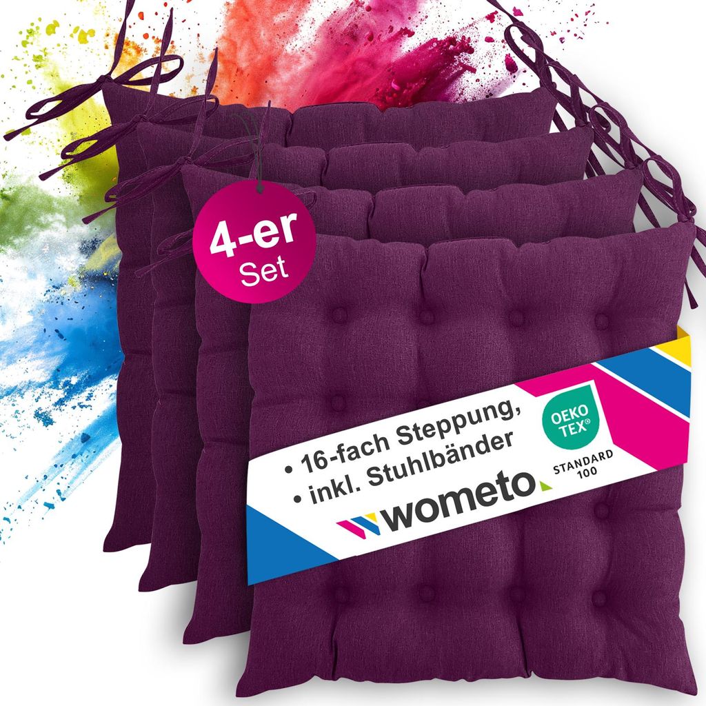 4er Set Sitzkissen Stuhlkissen 40x40 OEKO-TEX - beere violett Sitzauflage Bank Polster Sitzpolster mit Bändern / Schleife, Indoor / Outdoor