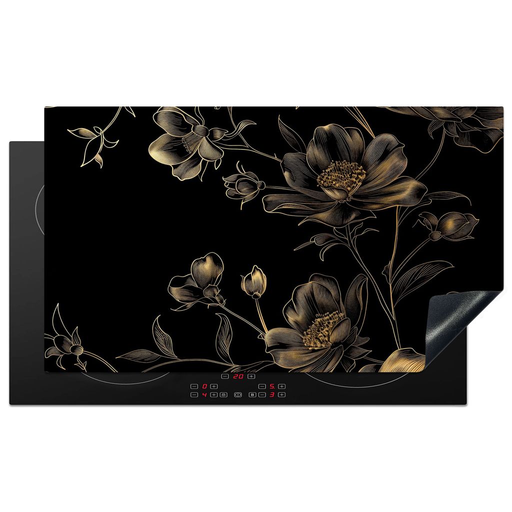 KitchenYeah Herdabdeckplatte Schwarz - Blumen - Gold , 91x52cm, Küche Deko, Glaskeramikkochfeld Herdabdeckung, Abdeckplatte fùr Kochfeld