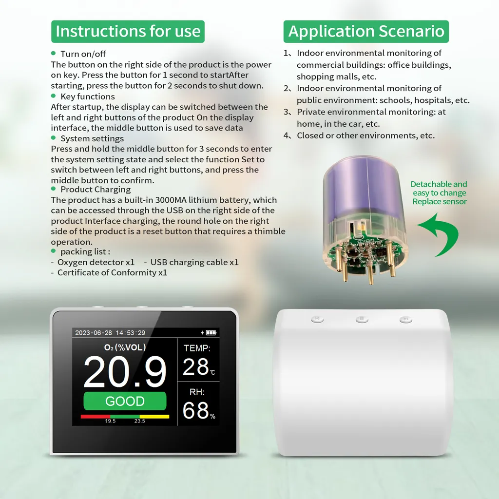 Moniteur de qualité de l'air intérieur portable avec écran LCD 3,5 pouces