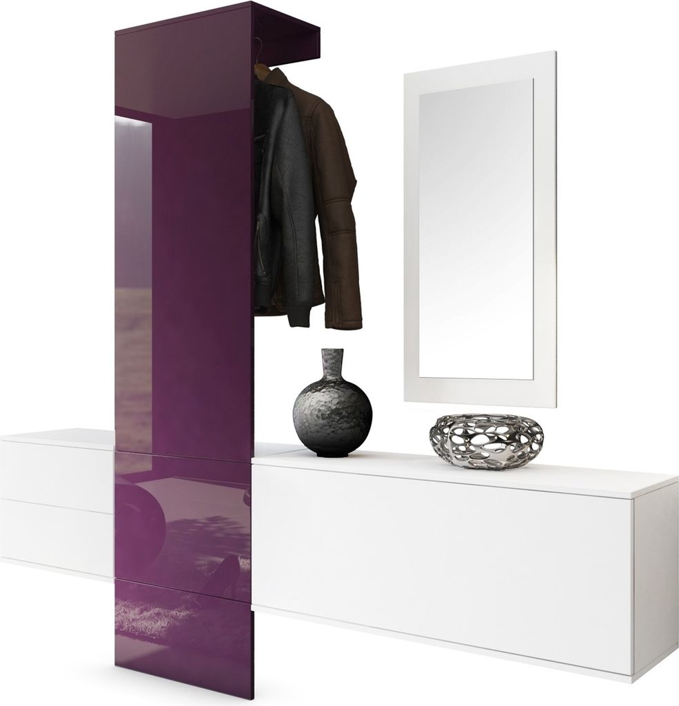 Vladon Garderobe Wandgarderobe Carlton Set 1, Germany, Korpus in Weiß matt / Paneel in Brombeer Hochglanz