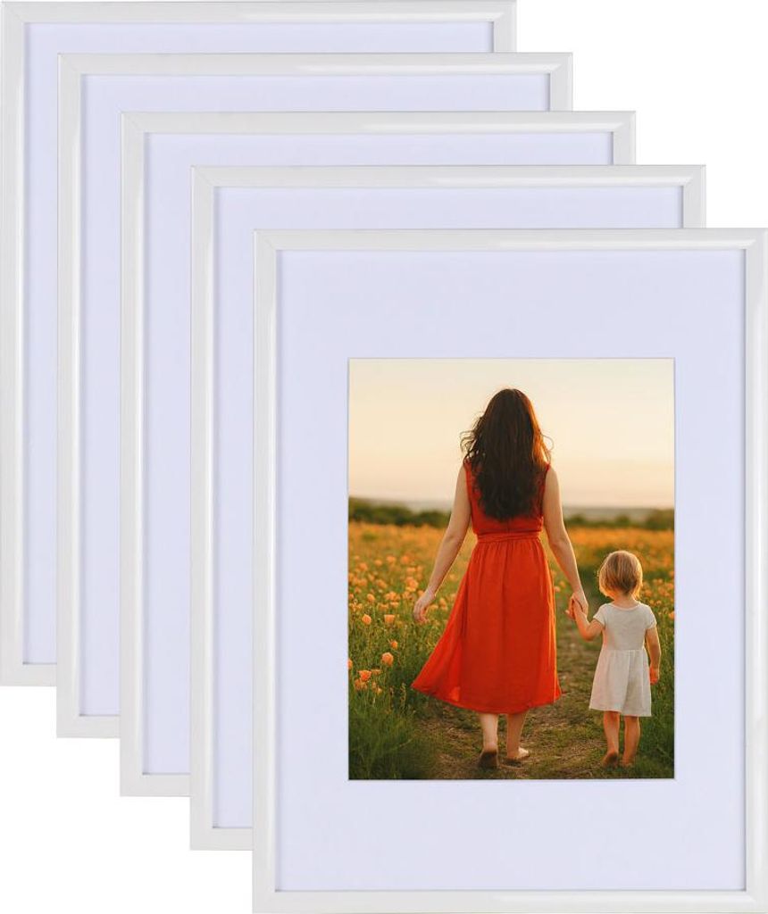 3er 5er Set New Lifestyle Kunststoff Bilderrahmen mit Passepartout & Kunststoffglas Collage Wanddeko - Farbe: 5er Pack Weiß | Format: 50x70