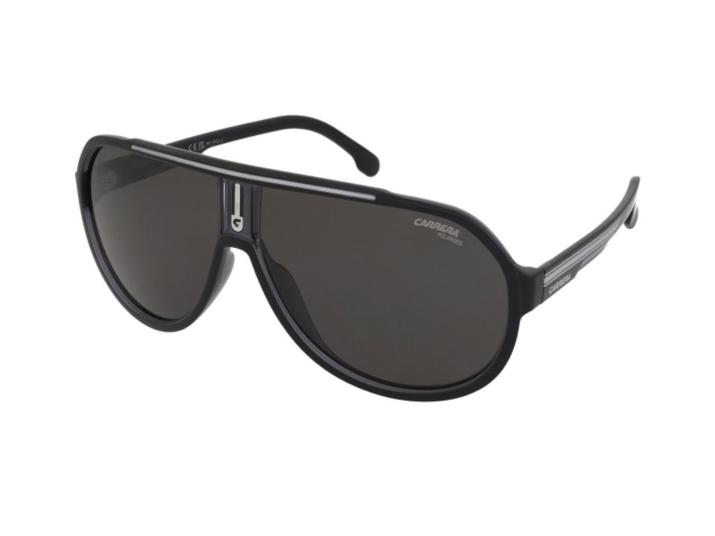 A pair of black Carrera sunglasses with grey lenses, shown from a three-quarter angle on a white background.