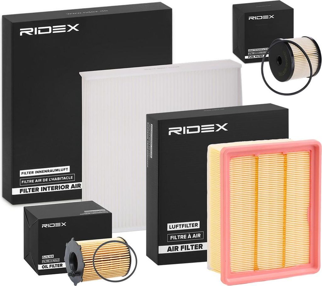 RIDEX Filterset Inspektionspaket Filtersatz für OPEL Vivaro B Kastenwagen (X82) für SEAT Leon Schrägheck (1M1) passend für PEUGEOT 206 Schrägheck
