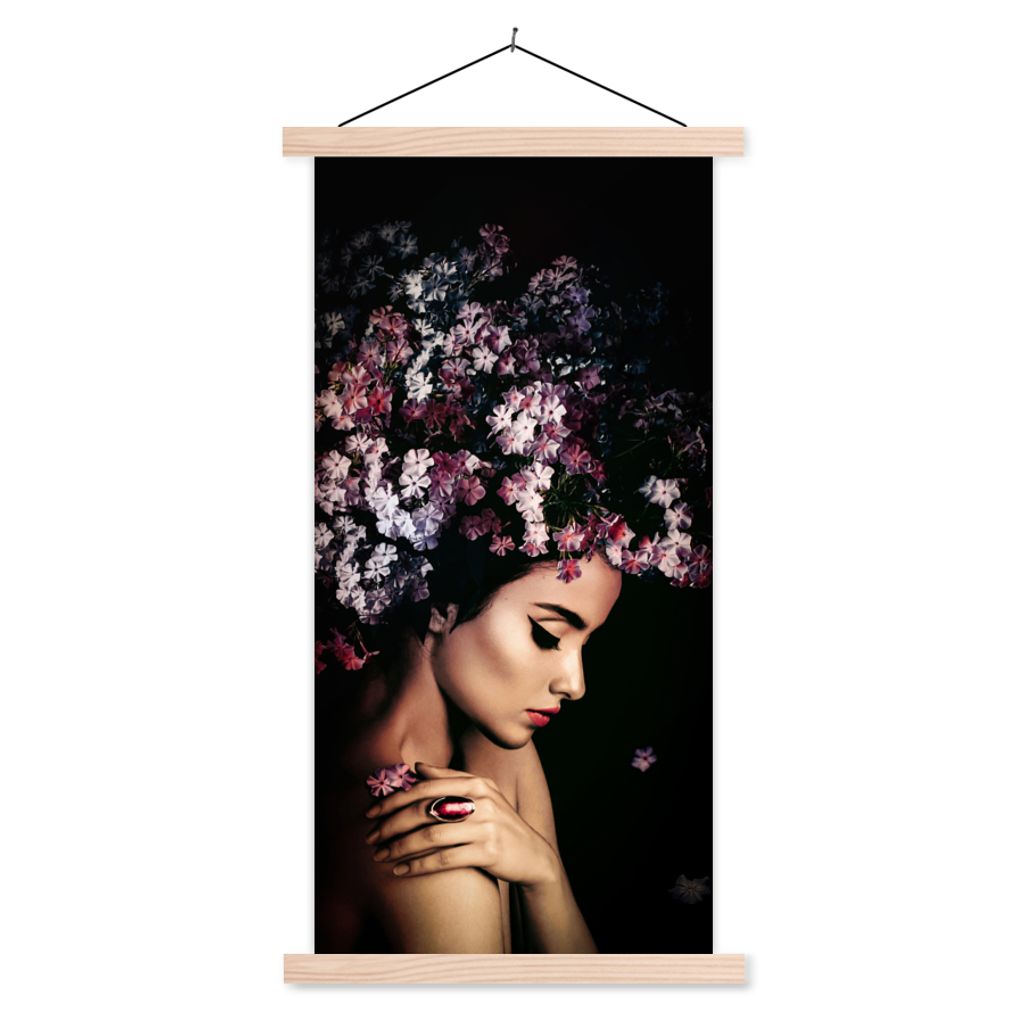 MuchoWow Textilposter Blossom - Frau - Rosa - Luxus 40x80 cm mit holzfarbenen Rahmen - Wohnzimmer