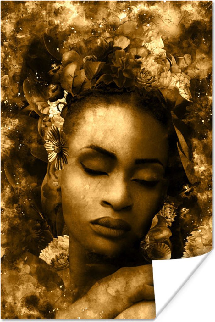 MuchoWow Poster Frau - Blumen - Sepia 60x90 cm - Wanddekoration
