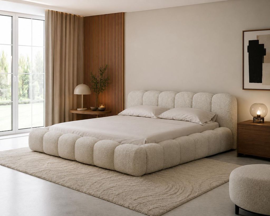 Möbae Montello Polsterbett Beige 242x212x33 cm mit Metallrahmen Bouclé Bett Stoff Quelle 06 Teddy Stoff modernes Schlafzimmerbett Designbett mit ...