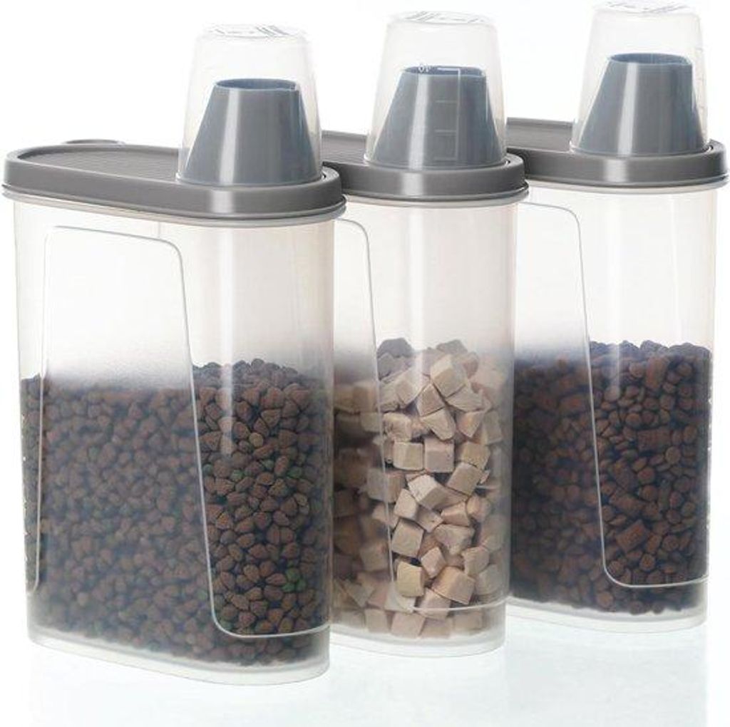 Tierische Aufbewahrungsbehälter, 3 Stück, 2300 ml, Wasserdicht, Maßbecher, Tierfutter, Grau