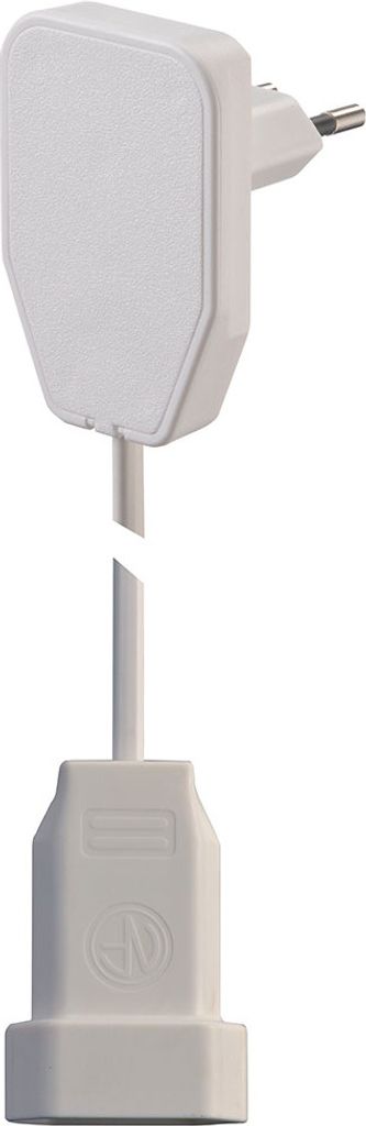 A white electrical adapter with a plug on one end and a socket on the other, connected by a short cable.