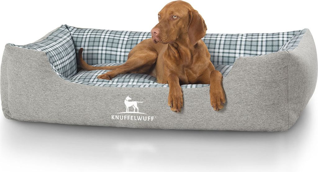 Knuffelwuff Velours Hundebett Lennard mit Karomuster XXL 120 x 85cm grau/grün