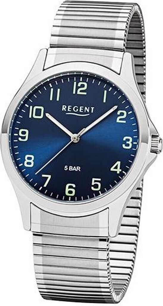 Regent Armbanduhr Blaues Ziffernblatt mit Mineralglas und Produktbild 