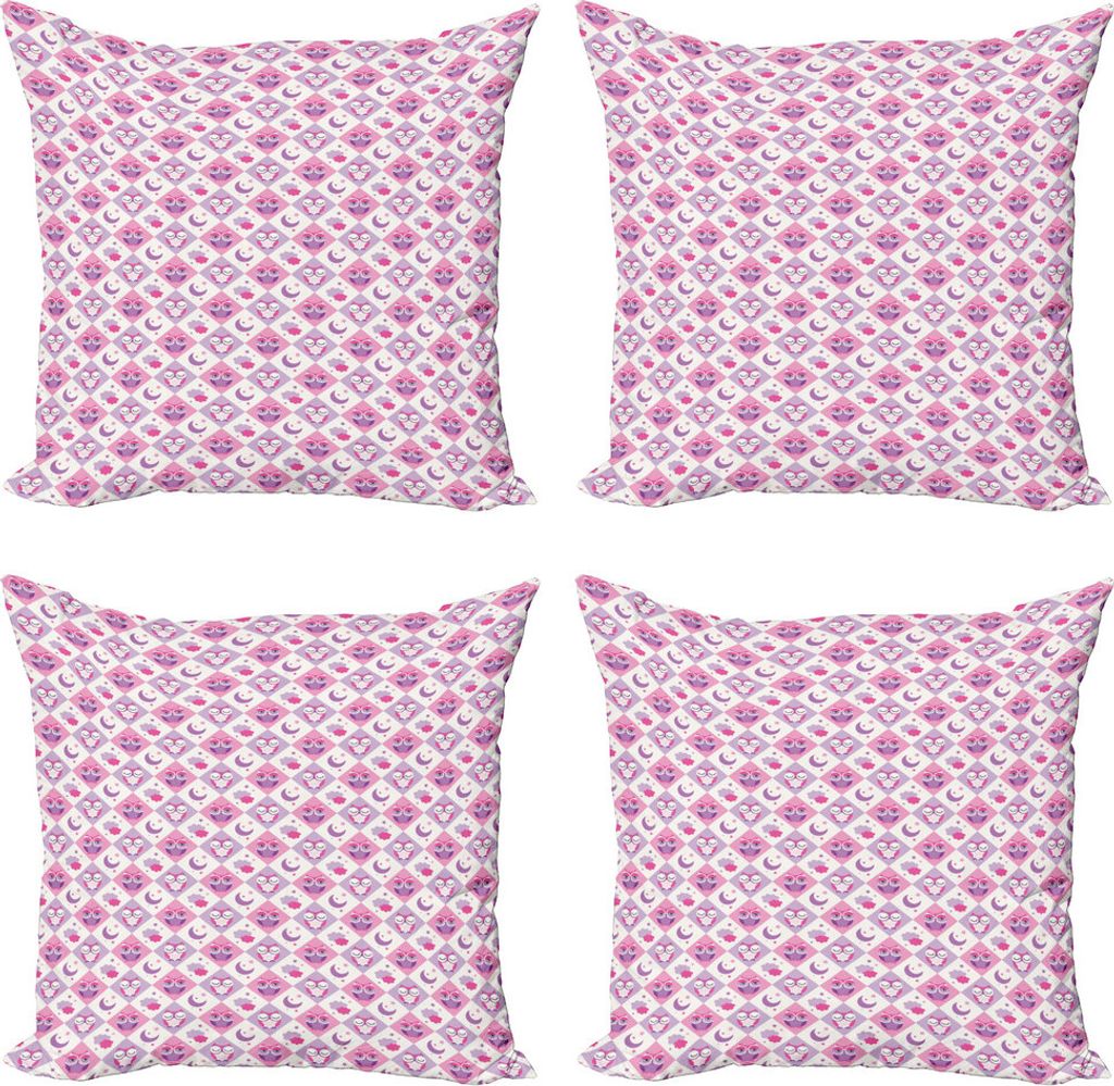 ABAKUHAUS Baby Kissenbezug Set (4 Stück), Kariertes Muster Eulen, Moderner Doppelseitiger Digitaldruck, 45 cm x 45 cm, Purpur Rosa