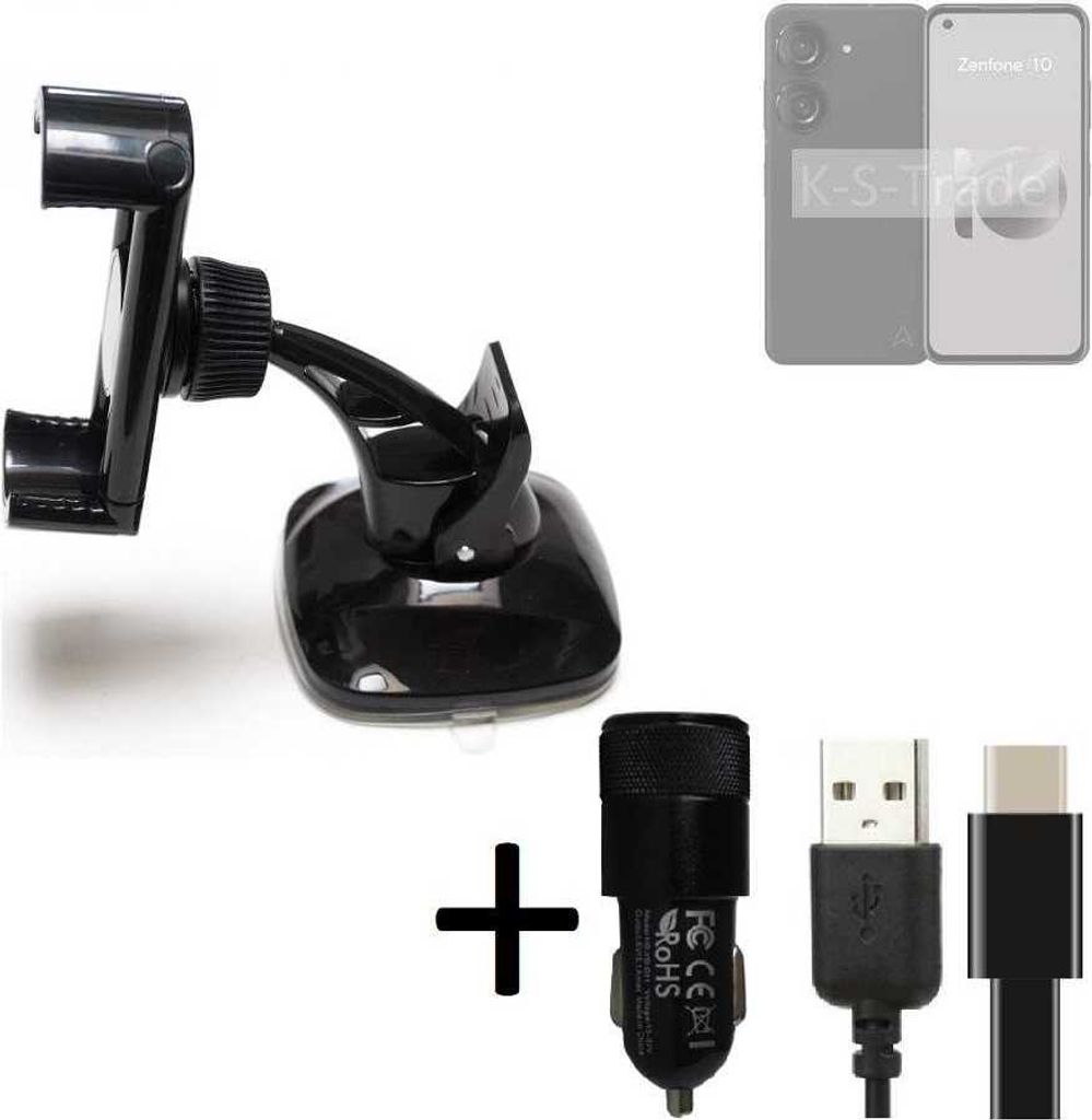 K-S-Trade Handy-Halterung kompatibel mit Asus Zenfone 10 Windschutzscheibe / Armaturenbrett + LADEGERÄT mit Mico USB Kabel Autohalterung