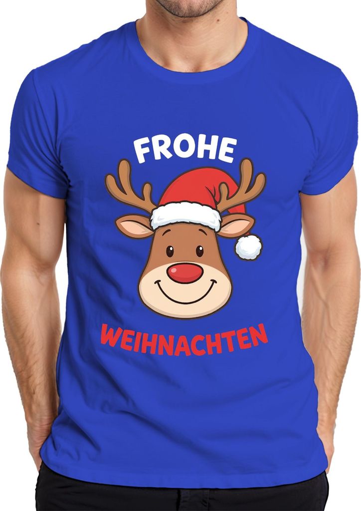 FROHE WEIHNACHTEN Rentier Weihnachtsmütze Cartoon Lustig Kinder Herren T-Shirt, Blau, M