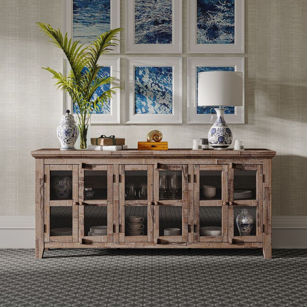 Avola AV2125-70 Rustikale Kommode mit Glasfront in Hellbraun, 178x38x106,5 cm
