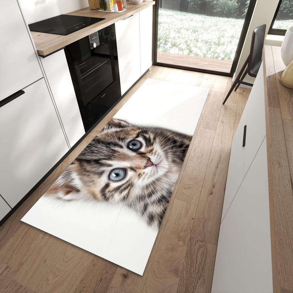 Küchenteppich 90x240cm rutschfest & abwischbar PVC Läufer - Sanfte Katzenjunges