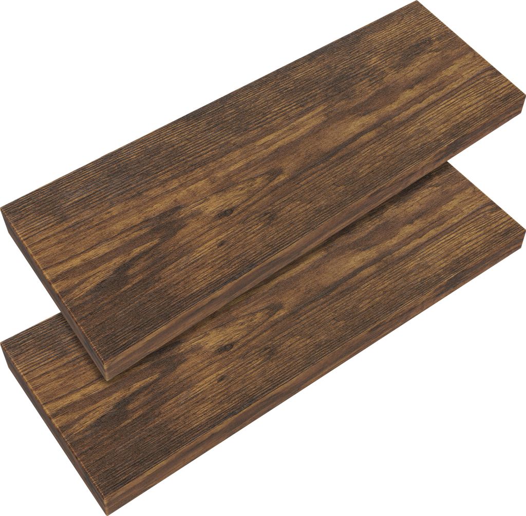 Two wooden shelves are stacked on top of each other, presented against a white background.