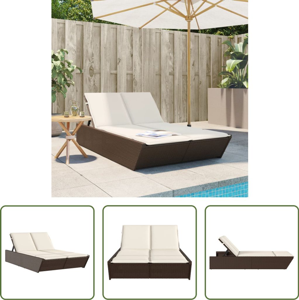 The Living Store Doppel-Sonnenliege mit Auflagen Braun Poly Rattan