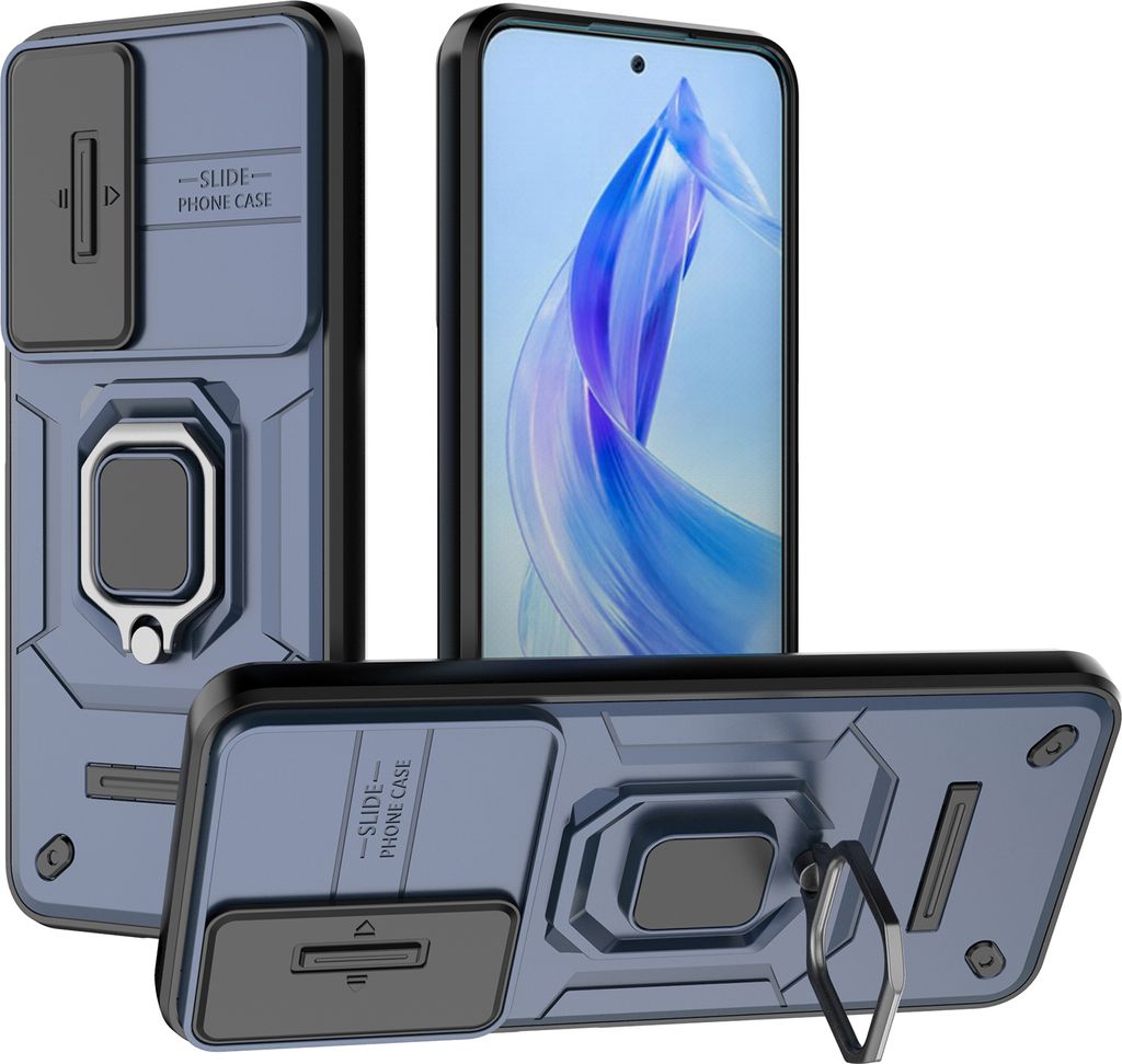 Hülle für Honor 90 Lite Dual Layer Handyhülle Schiebe Kamera Schutz und Ringhalter Ständer Blau