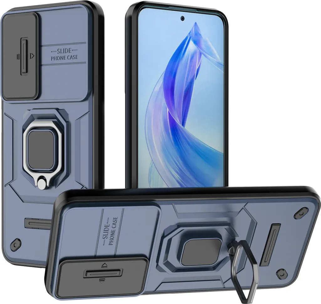 Custodia per Honor 90 Lite a doppio strato con protezione scorrevole della fotocamera e supporto ad anello, supporto blu