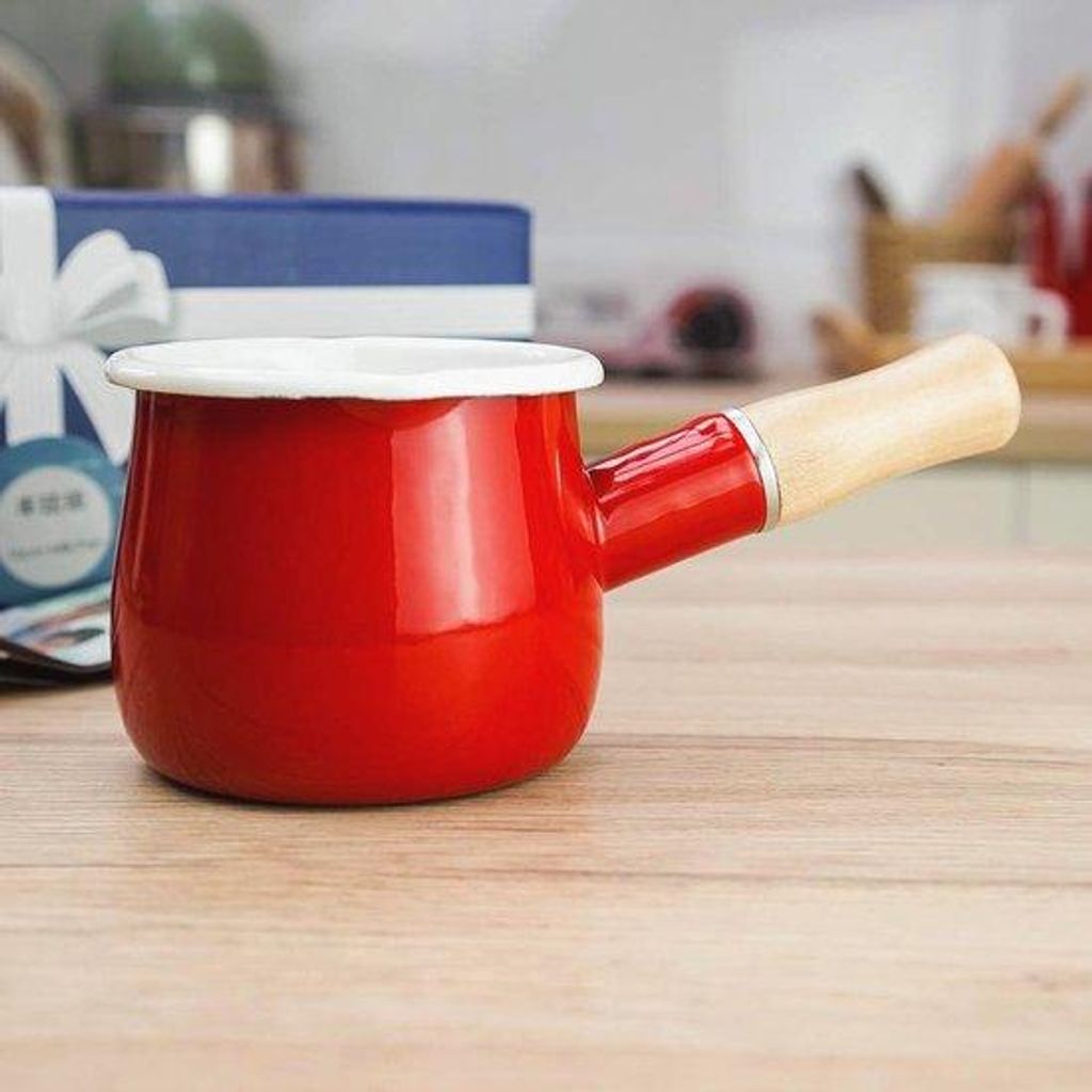 Antihaft-Milchtopf mit Holzgriff, 550ml Emaille-Kochtopf