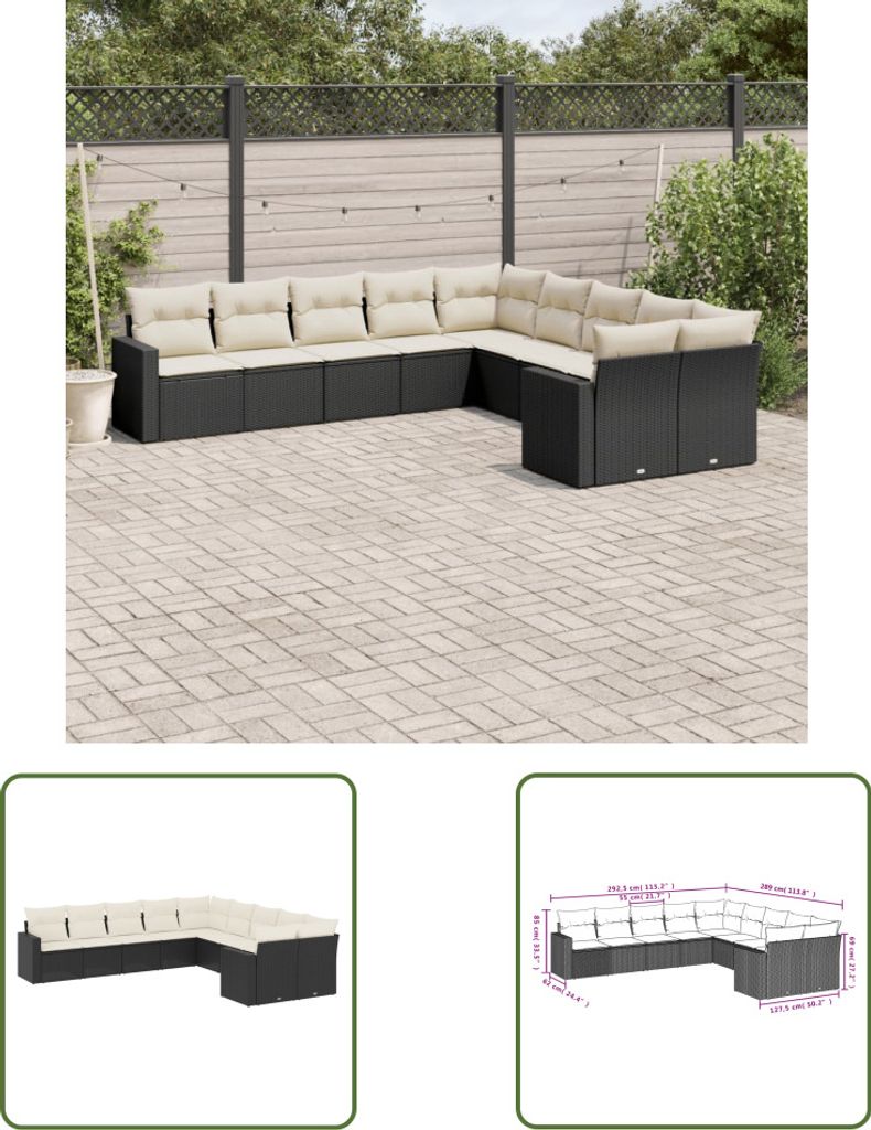 The Living Store 10-tlg. Garten-Sofagarnitur mit Kissen Schwarz Poly Rattan
