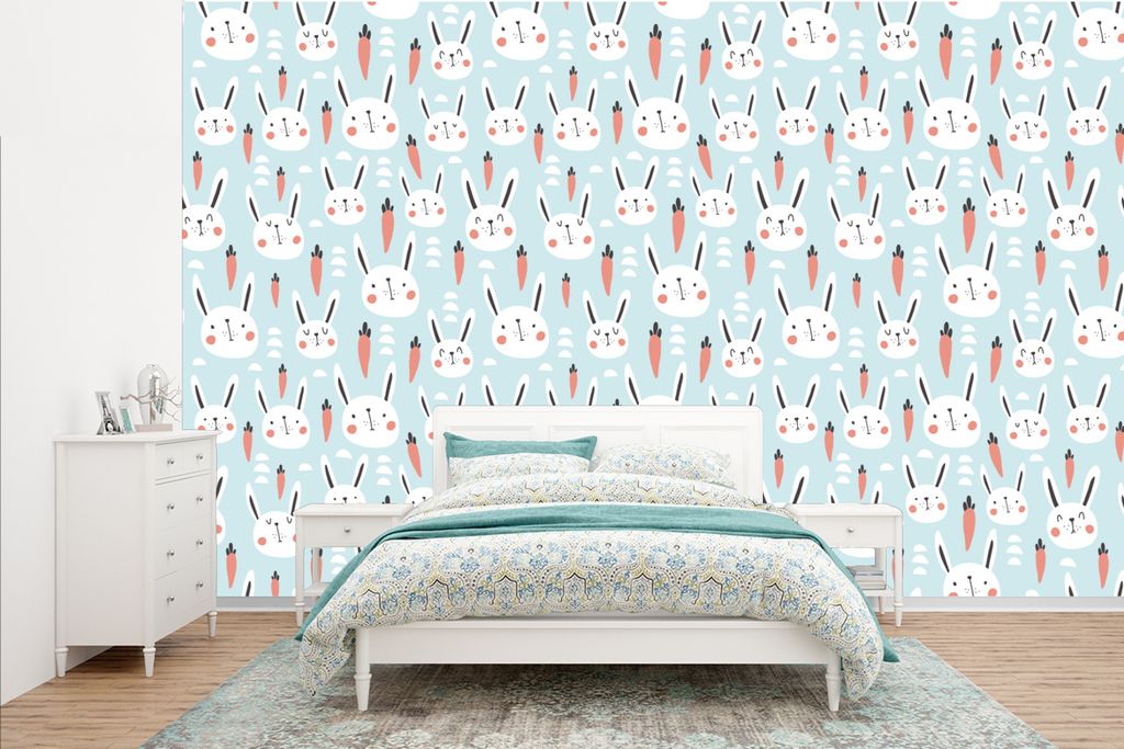MuchoWow Fototapete für Wohnzimmer oder Schlafzimmer Wandtapete Vinyl Motivtapete Kaninchen - Tiere - Kind - 385x240 cm - Schlafzimmer-Tapete