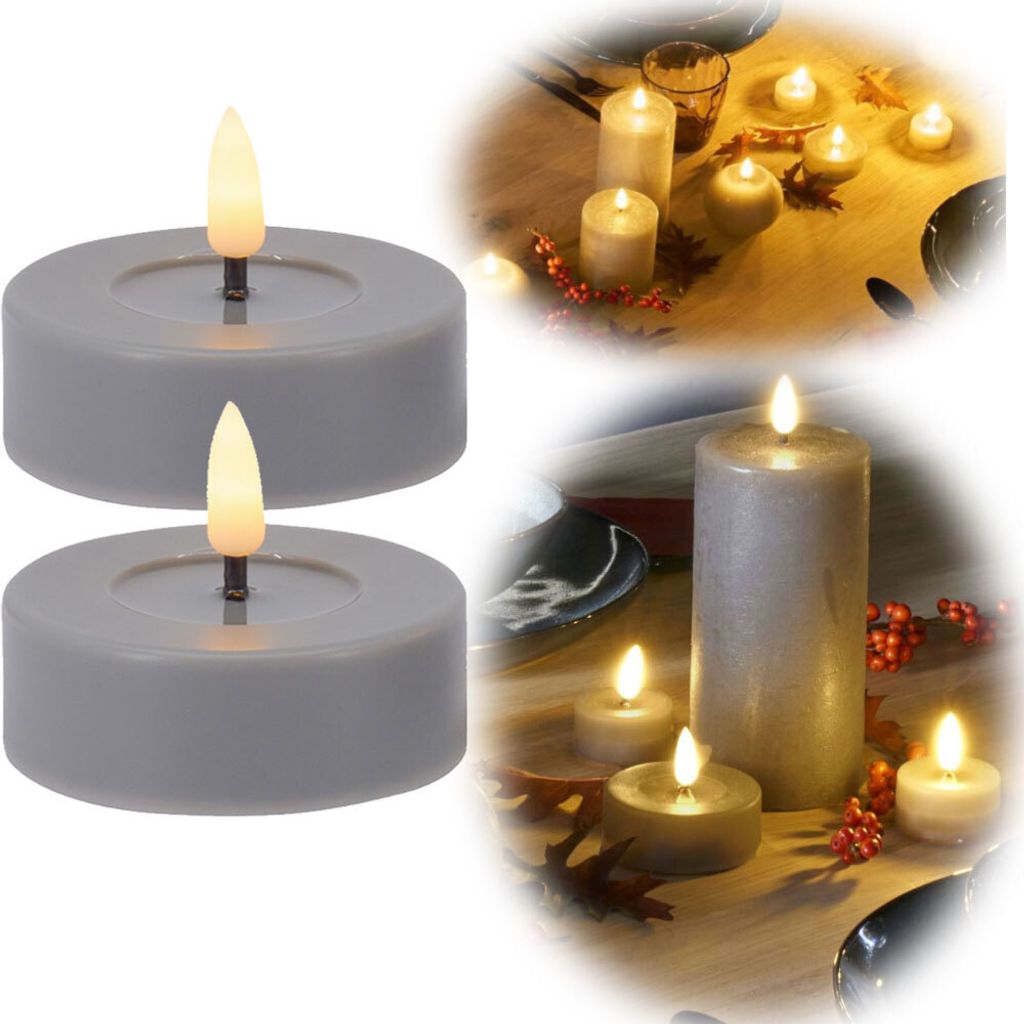 LS-LebenStil 2x XL LED 3D Teelichter Ribe Grau 6,8x3cm Echtwachs-Spiegel flackernde flammenlose Kerze optional mit Fernbedienung / Dimmer / Timer