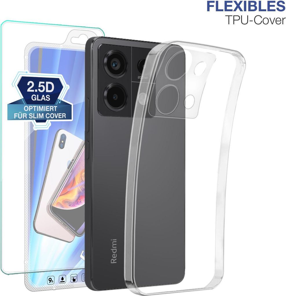 Slim Cover für Xiaomi Redmi Note 13 Pro 5G mit 9H Displayglas Displayschutz Hülle Transparent Flexibel Elastisch Backcover Schutzhülle Handyhülle