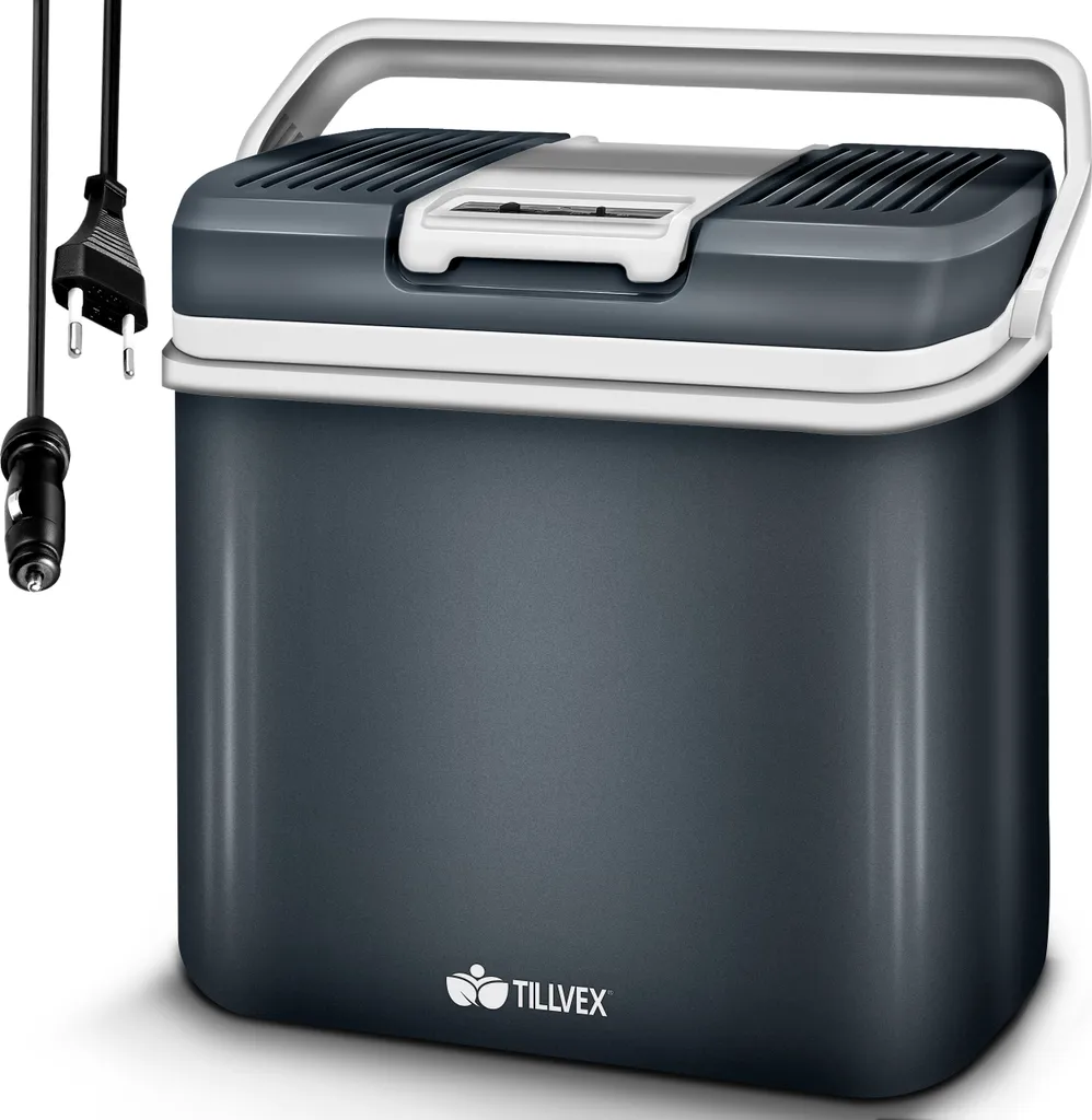 tillvex cool box elettrico 24L grigio | mini frigo 230 V e 12 V per il campeggio in auto | raffredda e riscalda | modalità ECO