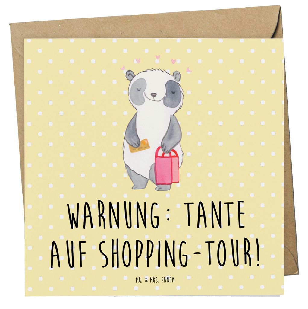 Mr. & Mrs. Panda Grußkarte Tante Shopping - Gelb Pastell - Geschenk, Freude, Familie, Handarbeit, Geschenke, Neffe, Glückwunschkarte, faltkarte, ...