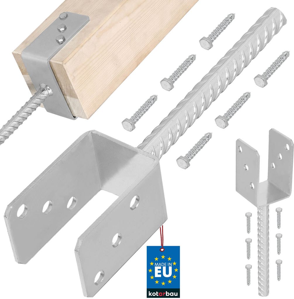 A collection of metal post anchors and screws, with a wooden post partially attached to one anchor.