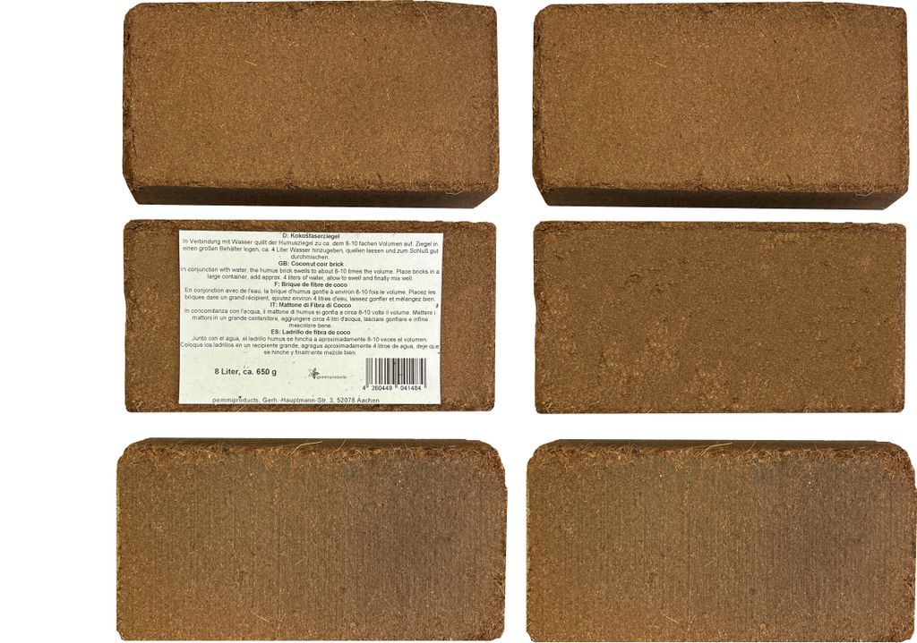 Kokosfaserziegel 6 x 8 Liter, ca. 650 g je Ziegel, gesamt: 48 Liter (0,31 €/Liter), torffreie Anzuchterde