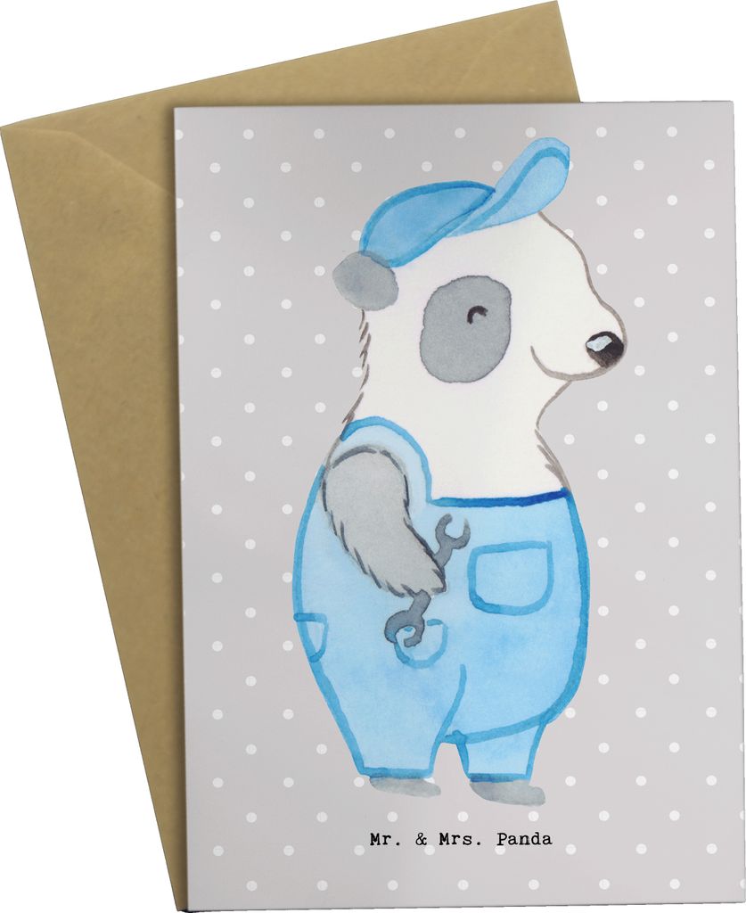 Mr. & Mrs. Panda Grußkarte Handwerker Herz - Grau Pastell - Geschenk, babykarte, Werkstatt, Handwerksbetrieb, dankeskarten, Reparatur Auto, weihna...