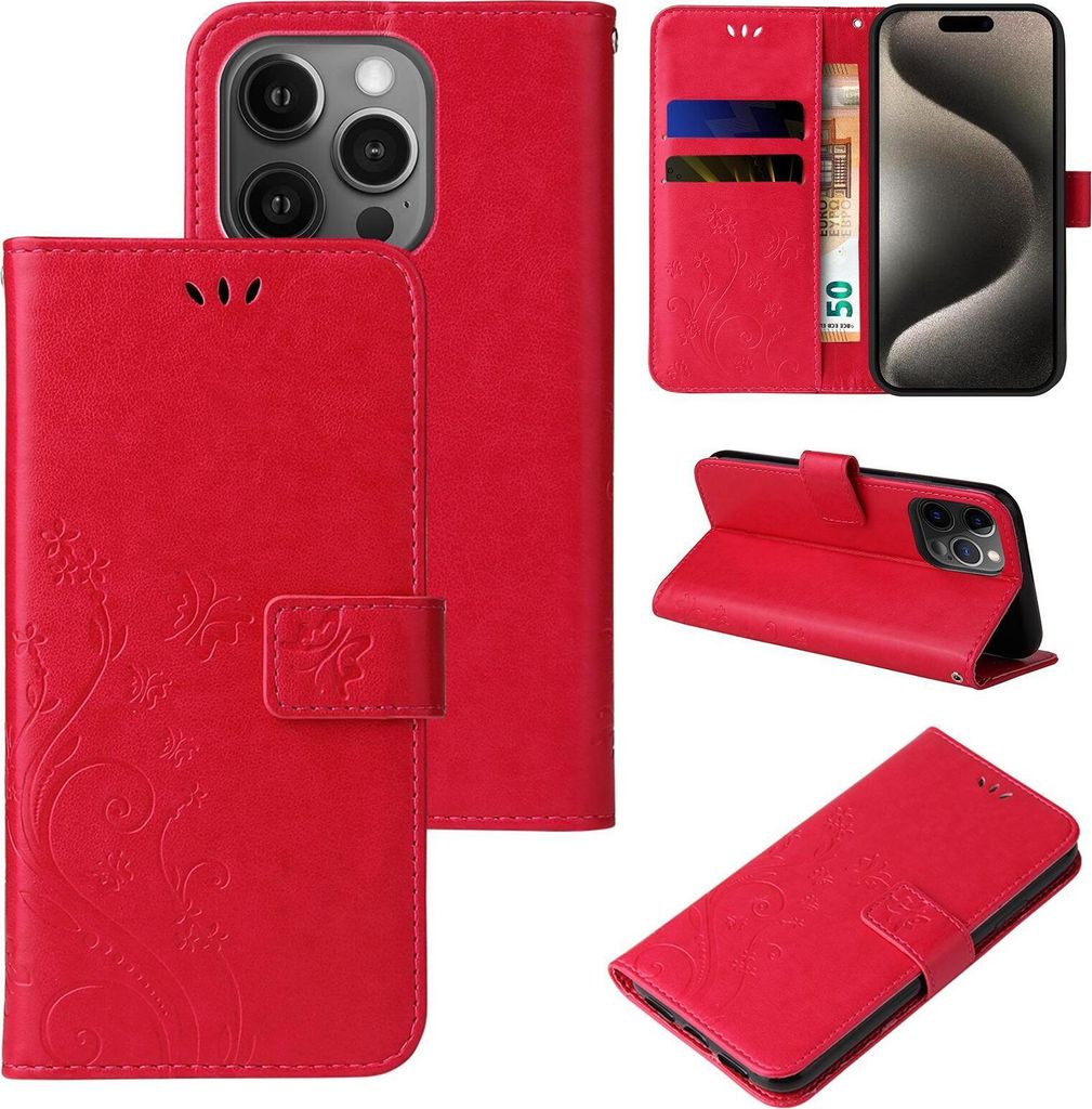 Handyhülle für Apple iPhone 15 Pro Floral Blumen Schmetterling Flip Cover Hülle Case Klapphülle Handytasche Farbe: Rot
