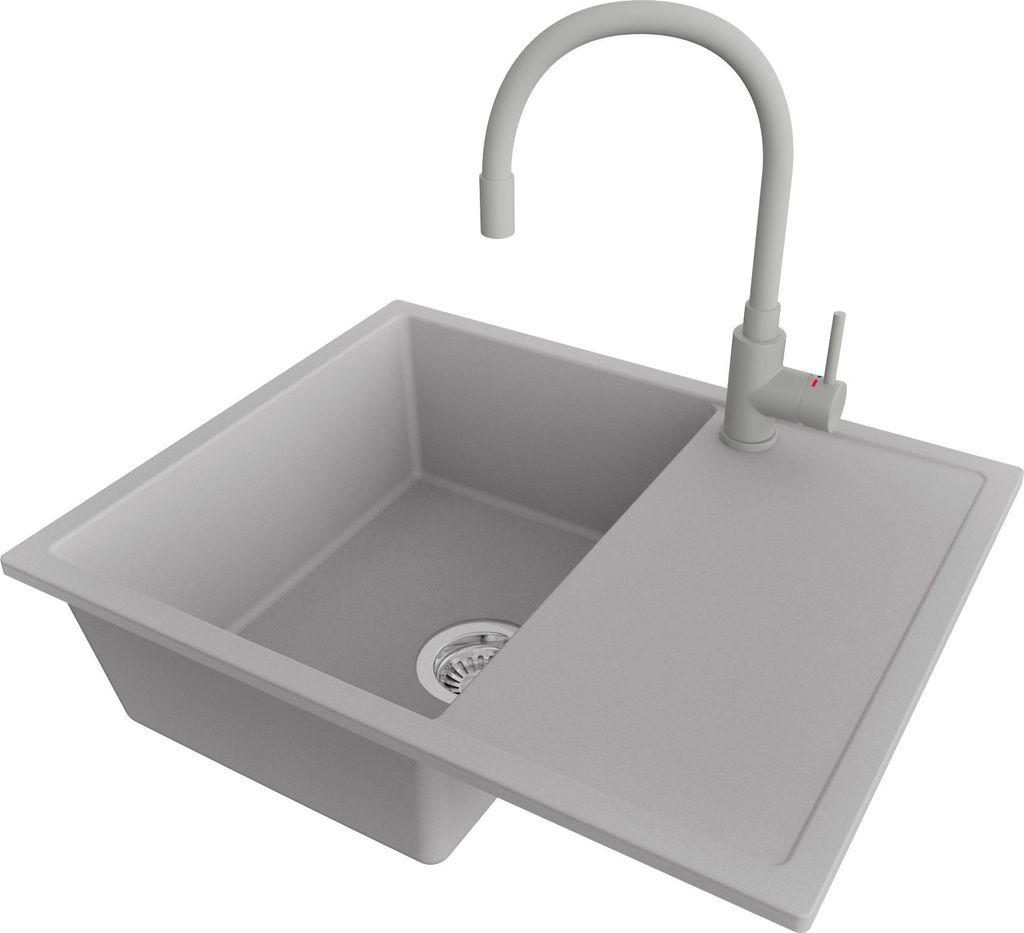 PRIMAGRAN Granitspüle Grau 62x50cm, Spülbecken 1 Becken + Küchenarmatur 38x14cm + Ablauf-Set, Küchenspüle ab 45er Unterschrank - Ibiza