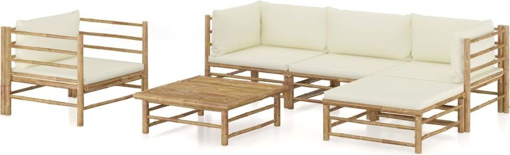 6-tlg. Garten-Lounge-Set mit Cremeweißen Kissen Bambus Produktbild 