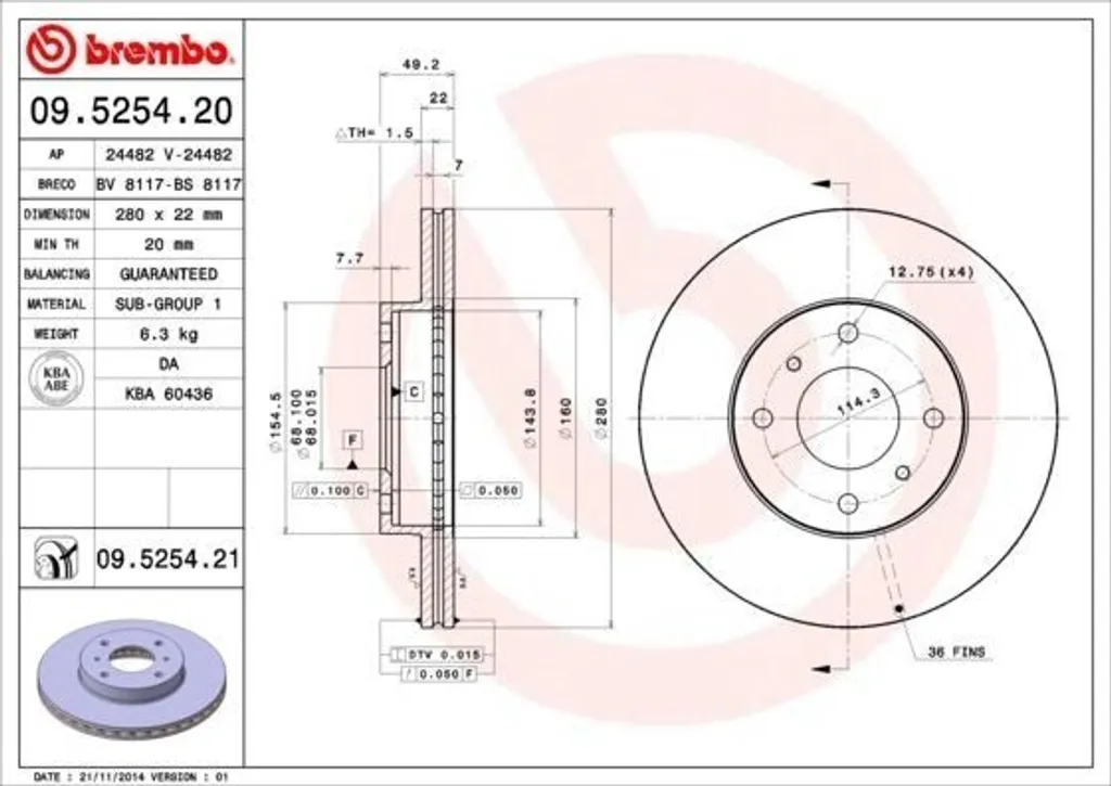 Brembo 09.5254.20 Disque de frein OE 402062F500 pour Almera II N16