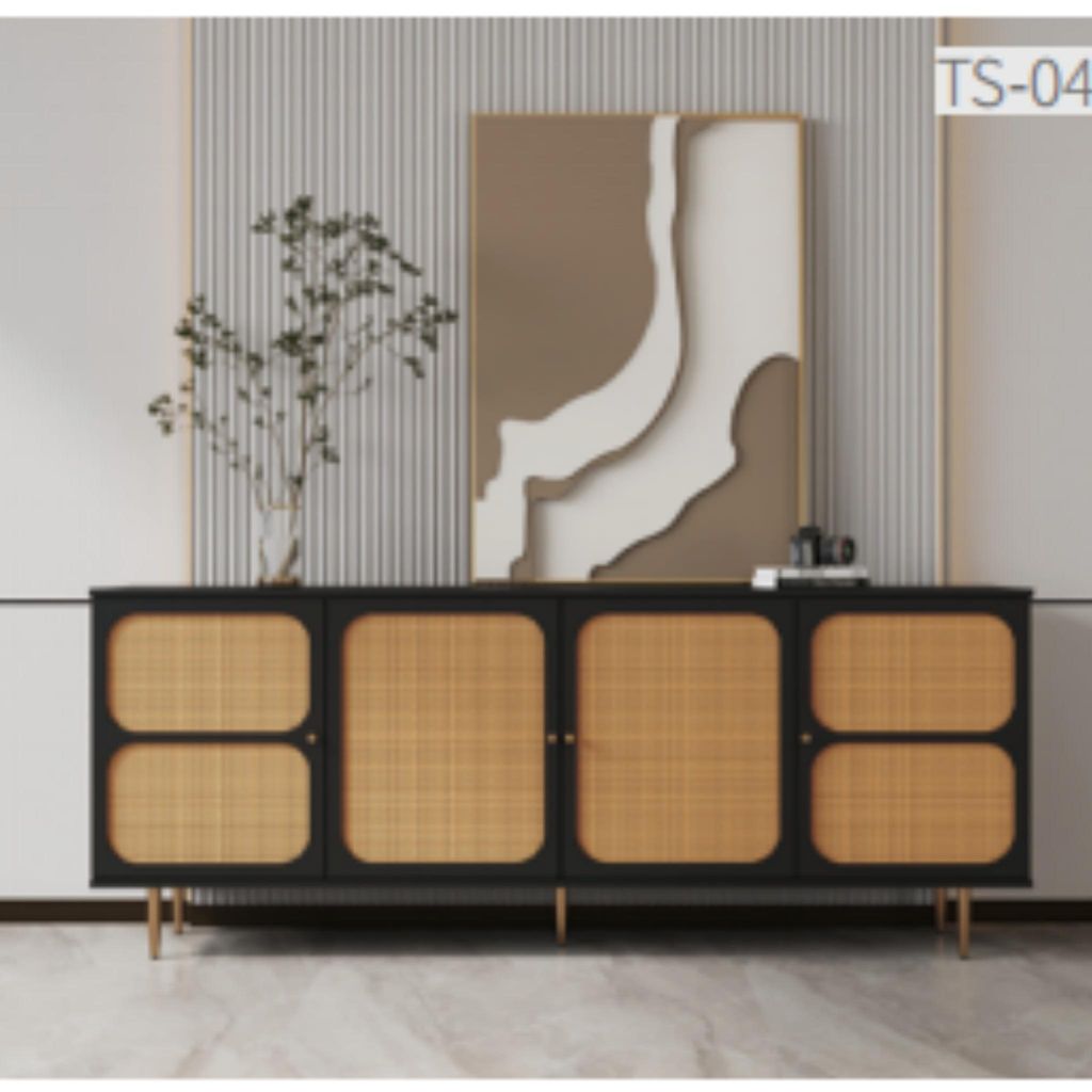 TV-Schrank Schwarz-braunes TV-Lowboard 180x40x60 cm Retro-TV-Moebel mit Rattanoptik Metallbeine Wohnzimmer