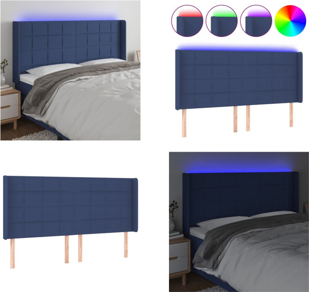 vidaXL LED Kopfteil Blau 203x16x118/128 cm Stoff - LED Kopfteil - LED Kopfteile - Kopfteil - Bett-Kopfteil