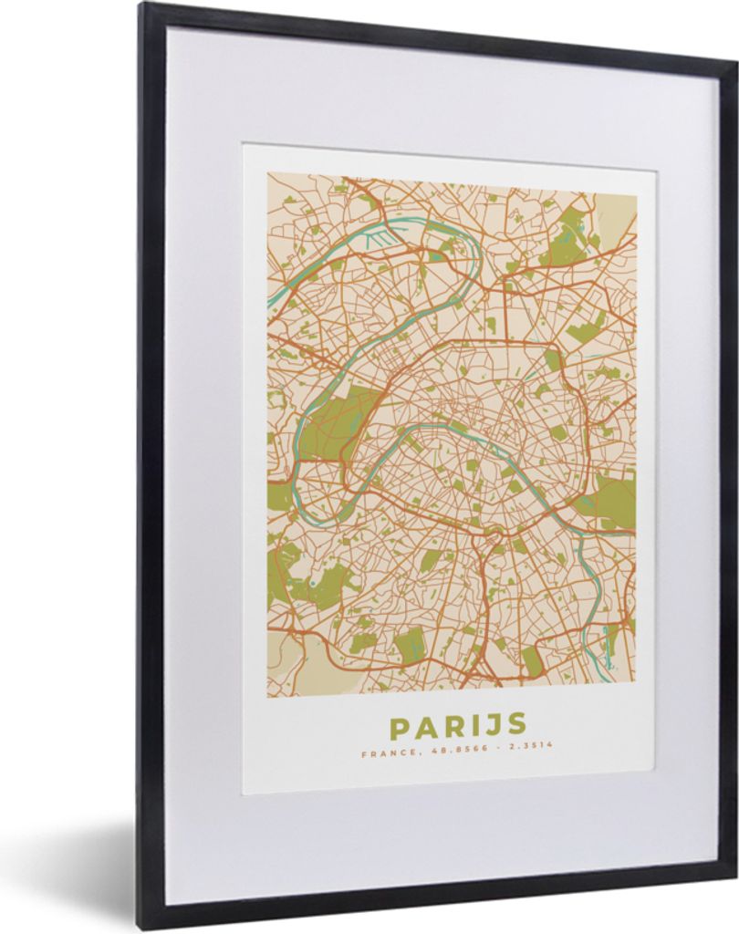 MuchoWow Gerahmtes Poster Karte - Paris - Stadtplan - Vintage 30x40 cm - Poster mit Schwarzem Bilderrahmen Wandposter Rahmen Foto Bilder - Wandpo...