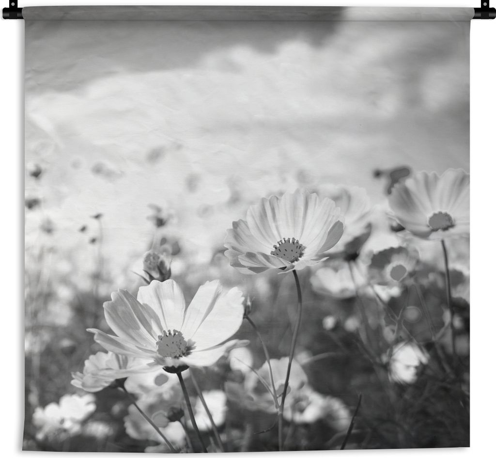 MuchoWow Wandteppich Wandbehang Blumen - Wiese - Lila - Gras - Weiß - Wolken - Blau 90x90 cm Tapisserie Dekoration Wandtuch - Wandaufhänger