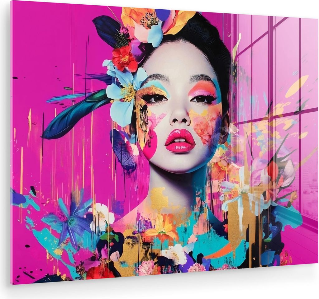 MuchoWow Glasbilder - Bilder auf Wandbild - Foto auf Glas Frau - Porträt - Abstrakt - Lila 80x60 cm Wanddekoration aus Glas - Acrylglasbild - Acry...