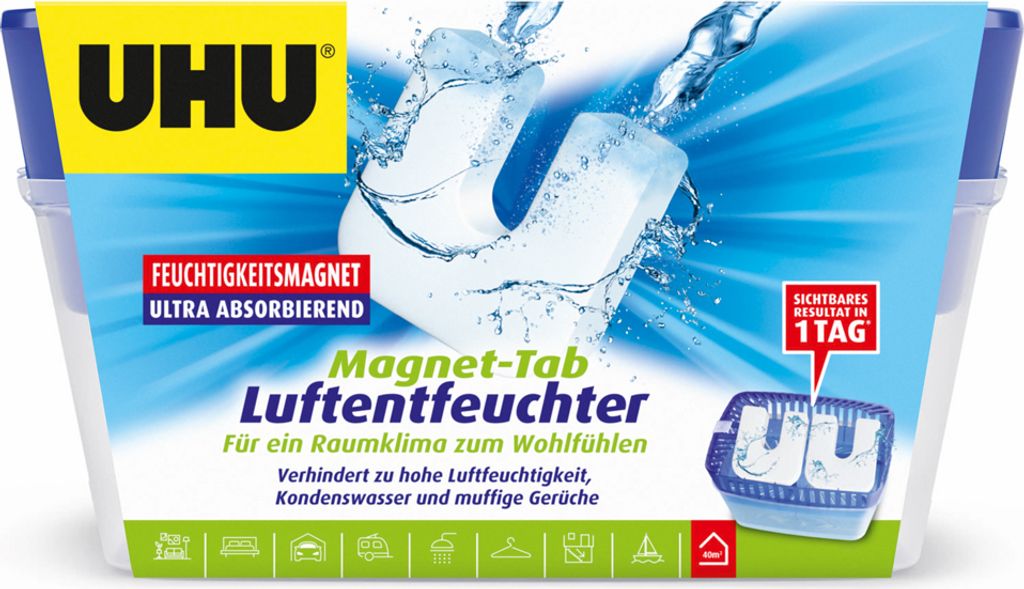 UHU Luftentfeuchter, Bekämpft Feuchtigkeit und Schimmel in Wohnräumen, jetzt noch effektiver dank innovativem Feuchtigkeitsmagnet, 450 g